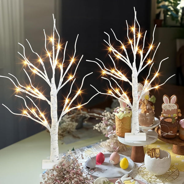 2 FT LED Birch Christmas Trees – Set of 2 Indoor Lighted Décor with Timer