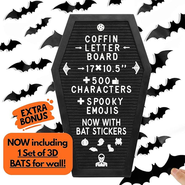 Nomnu Coffin Letter Board – 17" Gothic Felt Sign with 3D Bat Stickers