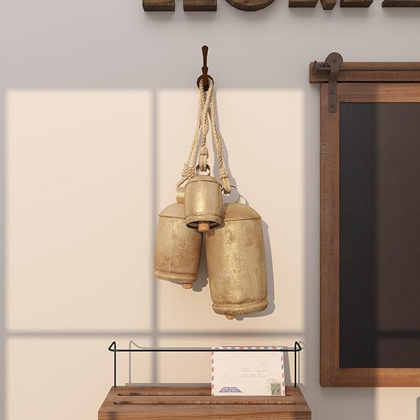 Set of 3 Gold Metal Cow Bells – Tibetan-Inspired Decorative XL Bells (10", 8", 6")