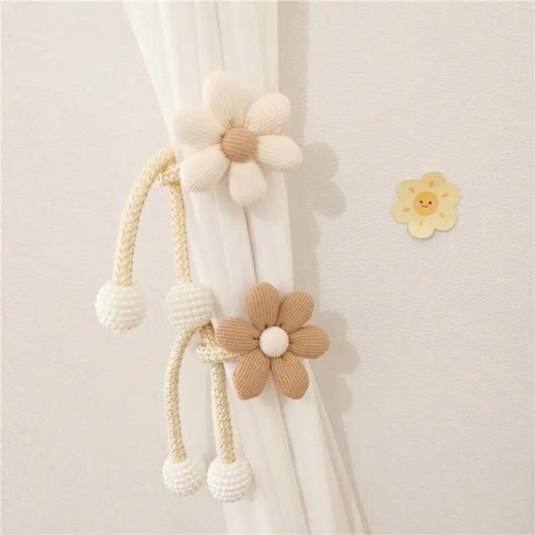 2-Piece Adjustable Curtain Tiebacks – Cartoon Flower & Pearl Design