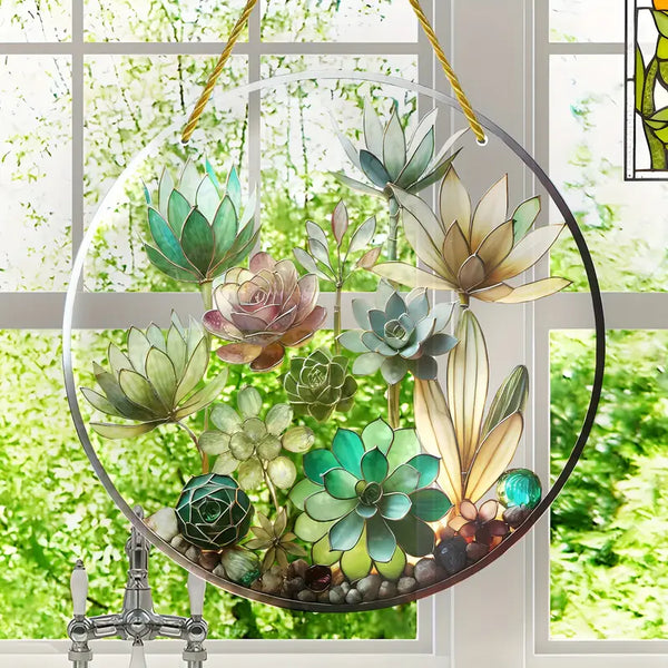Succulent Plant Sun Catcher – Stained Glass Effect Wall Art