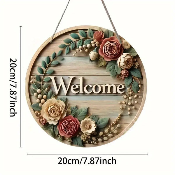 Rustic Wooden Welcome Sign – Round Floral Wreath Decor