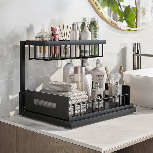 2-Tier Pull-Out Under Sink Organizer – Space-Saving Metal Storage Rack