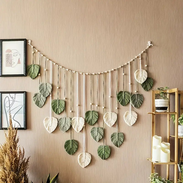 Bohemian Macrame Leaf Wall Art – Green Polyester Feather Tapestry