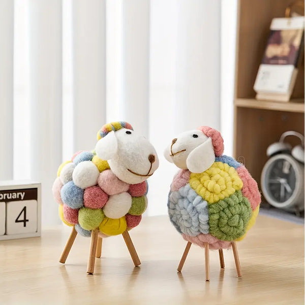 Colorful Plush Sheep Figurine – Fluffy Desktop Ornament