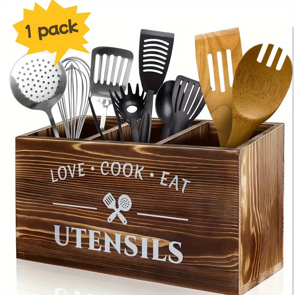 3-Compartment Wooden Utensil Holder