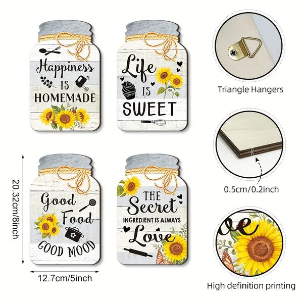 4-Piece Sunflower Wooden Signs – Rustic Kitchen & Wall Decor