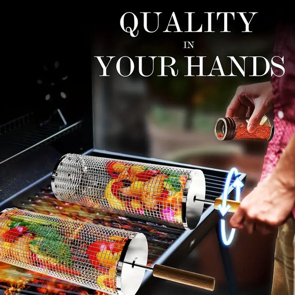 Upgraded Nesting Grill Basket – Stainless Steel with Removable Wooden Handle