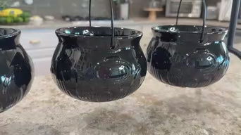 Halloween Witches Cauldron Serving Set – 3 Black Plastic Cauldron Bowls with Rack